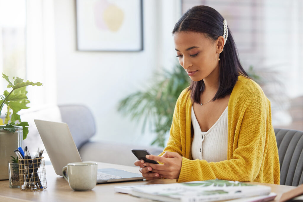 Phone, contact and woman in home typing email